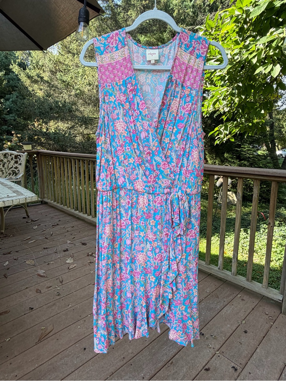Plenty by Tracy Reese Faux Wrap Dress Floral Sleeveless Ruffle Hem Blue Pink L